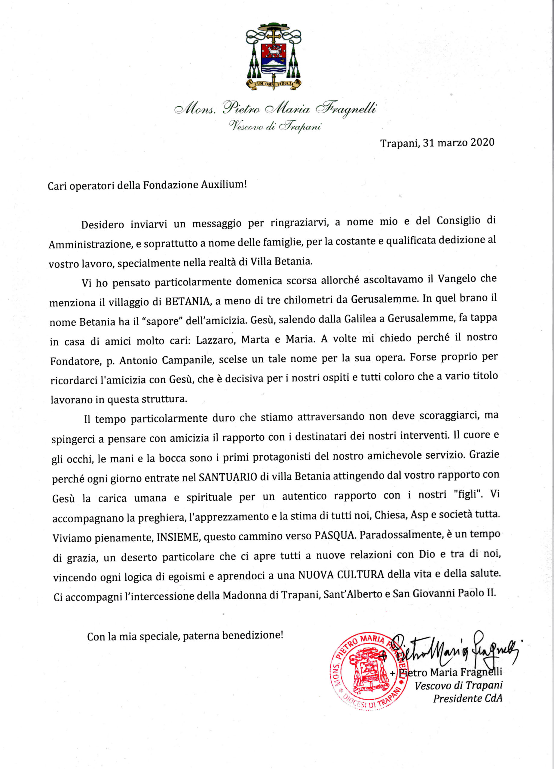 lettera vescovo Fragnelli operatori Villa Betania